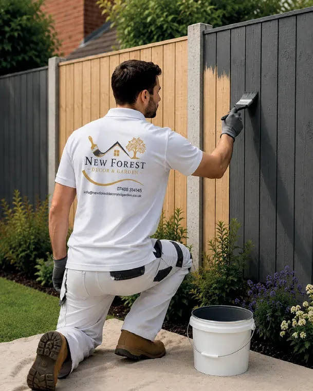 Tradesman staining a new timber fence dark grey in a planted garden