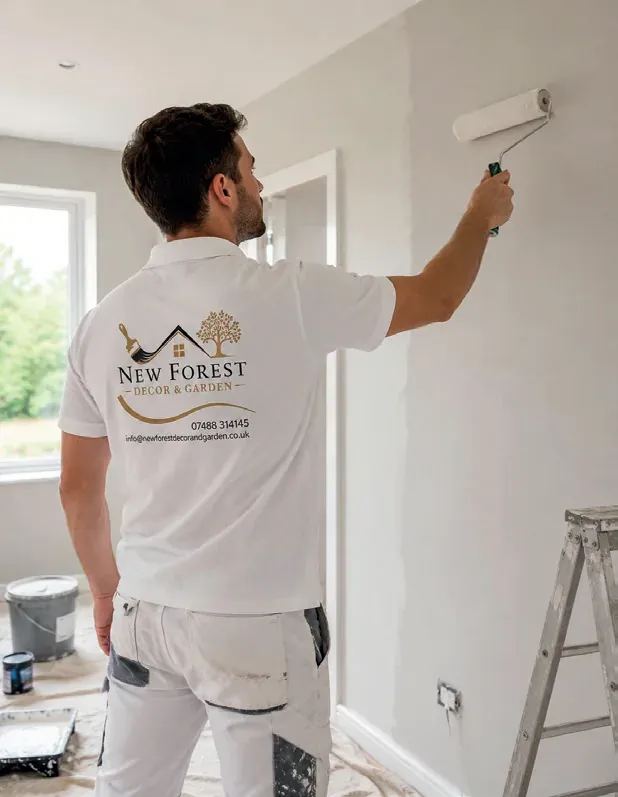 Decorator in a New Forest Decor & Garden polo shirt rolling paint onto an interior wall