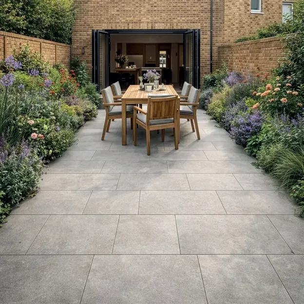 Pale grey stone patio with a wooden dining set between planted borders